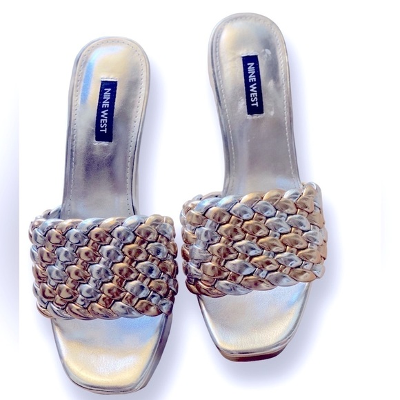 NINE WEST KAT 3 Metallic Silver & Gold Basketweave 4.5” Wedge NWOT Size … - Picture 3 of 11